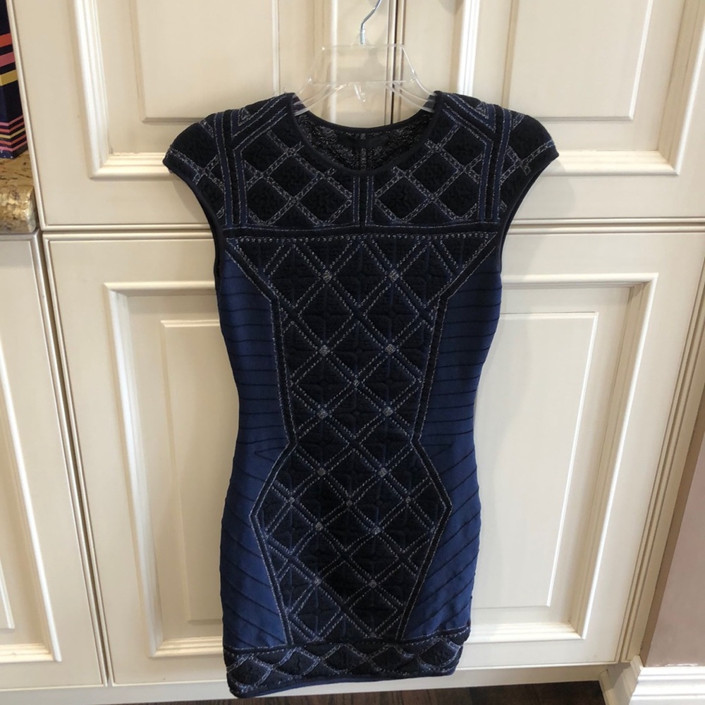 RVN body con dress in navy and silver sparkle